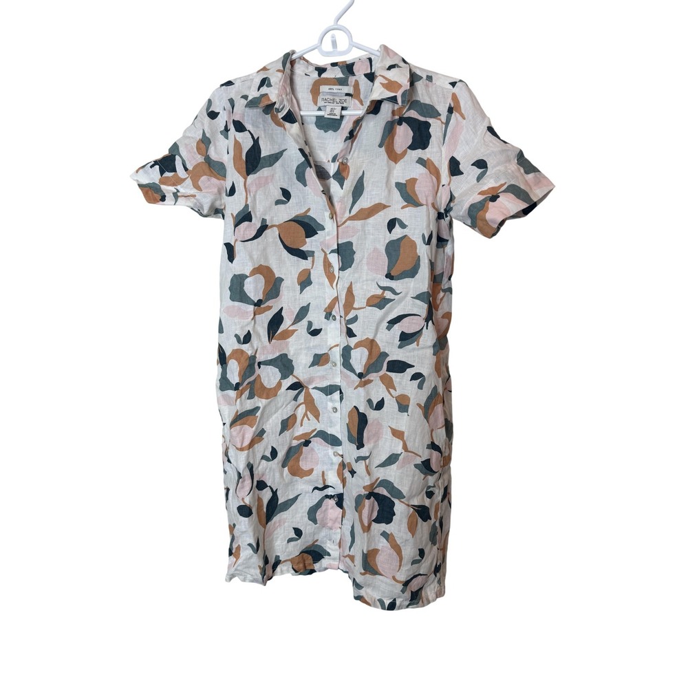 Rachel Zoe Dress Womens Small White Linen Floral Button Front Shirt Mini Casual